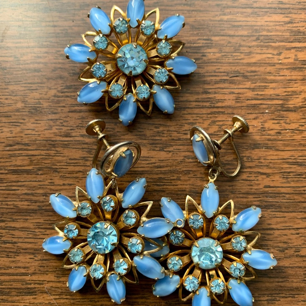 Beautiful blue earrings and brooch set
